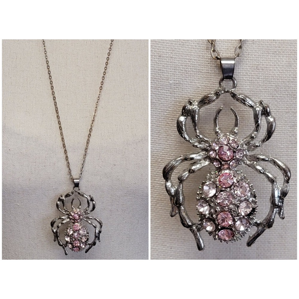 Spider Pendant Necklace Pink Rhinestone Silver Tone Halloween Witchy Whimisgoth